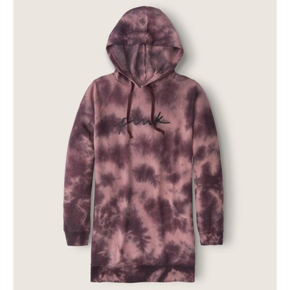 Victoria's Secret PINK SWEATSHIRT HOODIE LOGO TUNIC SWEATER DRESS Tie Dye S NWT